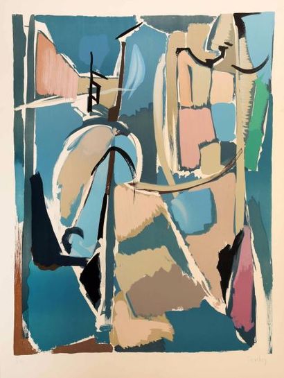 André LANSKOY (1902-1976) 
Composition fond bleu et formes roses et beiges
Lithographie...