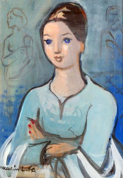 Madeleine LUKA (1894-1989) 
Portrait de femme au chemisier bleu
Gouache sur papier...