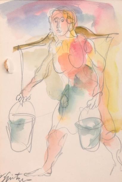 WALTER SPITZER (1927) 
La porteuse d'eau Dessin à l'aquarelle et au crayon signé...