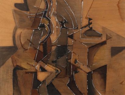 Jean la MORTE? 
Composition cubiste, bois gravé et huile signé en bas à droite.
50...