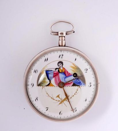 null Montre à verge en argent à cadran décoré, vers 1800.
Cadran en émail polychrome,...