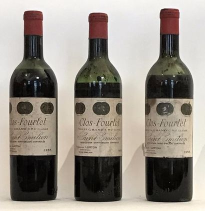 null 3 bouteilles CLOS FOURTET - Pomerol 1955 - Niveaux: 1 mi épaule, 1 bas épaule...