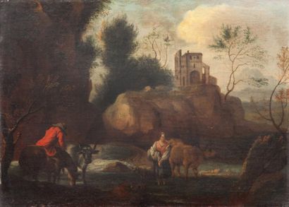 ECOLE FRANCAISE du XVIIIe siècle Couple de pâtres avec leurs animaux près d'une rivière....