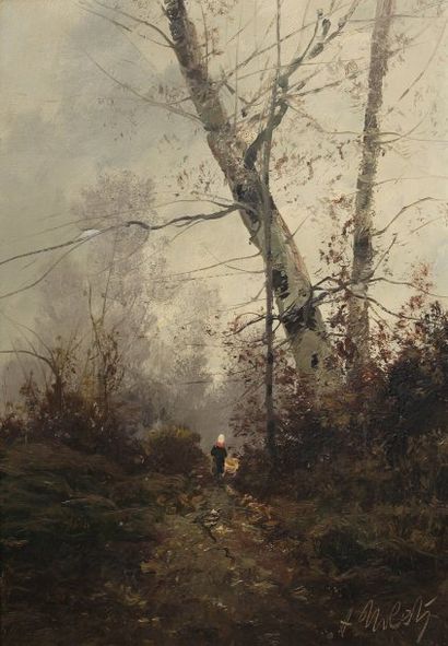 NOLET A. (XIXème siècle) Personnage dans la forêt. Huile sur toile signée en bas...