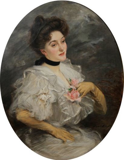 BLANCHE Jacques-Emile (1861-1942) Portrait d'une élégante à la Belle Epoque. Huile...