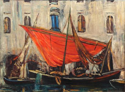 LAMPRECHT Anton (1901-1984) La voile rouge. Huile sur toile, signée en bas à droite....