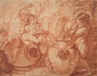 CIGNANI Carlo (Ecole de). Bologne 1628 - Forli 1719 Jeune satyre à la flûte, amour...
