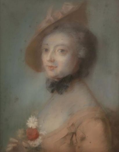 null Portrait de femme au chapeau rose Pastel sur papier dans le goût du XVIIIème...