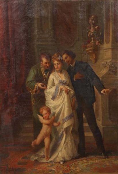 B.(?) CASTELLI Scène d'intérieur avec trois personnages et un angelot
Huile sur toile,...