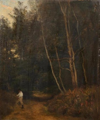 Constant DUTILLEUX (1807-1865) Chasseur dans un sous-bois.
Huile sur toile signée...