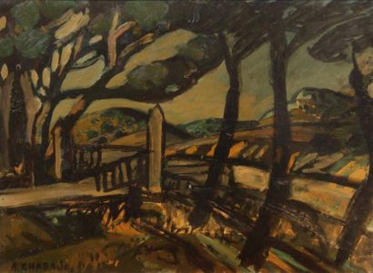 Auguste CHABAUD (1882-1955) Paysage aux pins
Huile sur carton.
Signée en bas à gauche.
38...