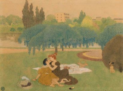 FERNAND FAU (1858-1917) 
Les amoureuses au jardin Pastel.
Monogrammé en bas à gauche.
27...