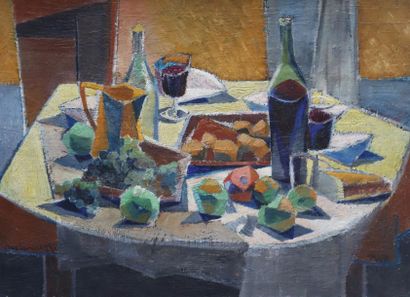 Jean LAMORLETTE (XXe siècle) 
Nature morte cubiste
Huile sur toile.
Signée en bas...