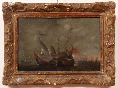 ECOLE HOLLANDAISE Première Moitié du XVIIe siècle 
Scène de combat naval entre navires...