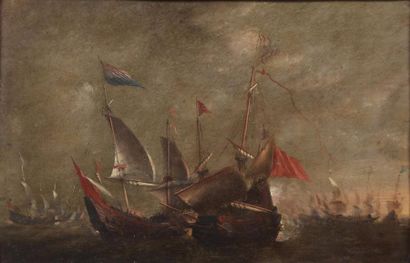 ECOLE HOLLANDAISE Première Moitié du XVIIe siècle 
Scène de combat naval entre navires...