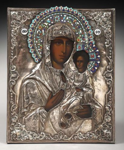 null Icone russe. Deuxième moitié du XIXe s. La Mère de Dieu de Kazan Rizza en métal...