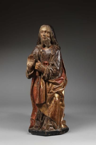 null Saint Apôtre en bois sculpté (tilleul ?), polychromé, argenté et doré, dos creusé....