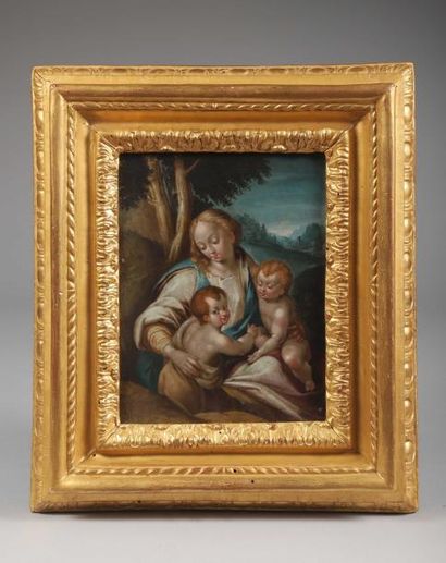 École de PRAGUE du XVIIe siècle La Vierge avec l'Enfant Jésus et le petit saint Jean...