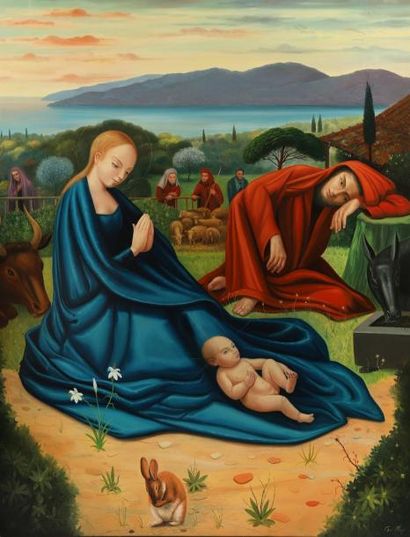 André QUELLIER (1925-2010) La Nativité et l'arrivée des bergers Huile sur panneau...