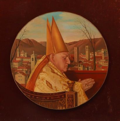 André QUELLIER (1925-2010) Le Pape Jean XXIII de profil assis Huile sur isorel circulaire...