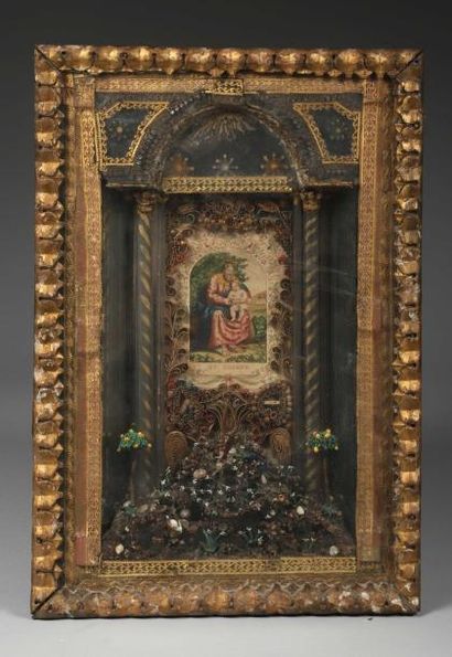 null Tableau votique et diorama dédié à Saint Joseph. Curieux décor à fond de miroir...