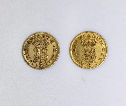 null ESPAGNE. Lot de 2 pièces d'un escudo en or pour Ferdinand VI et Charles III...
