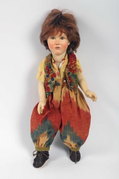 null Poupée en bois sculpté Heidi Ott, cheveux roux, ensemble pantalon jaune et orange...