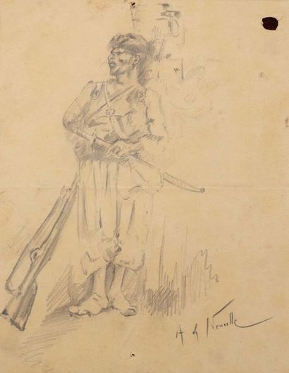 Alphonse de NEUVILLE (1835-1885) Le Zouave adossé Dessin à la mine de plomb sur papier...