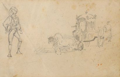 ATTRIBUE A GUSTAVE DORE (1832-1883) Homme au turban et carrosse Dessin à la mine...