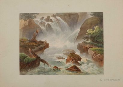 Godefried ENGELMANN (1788-1839) Cascades, Paysages, Rochers Ensemble de 6 aquarelles...