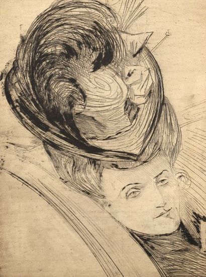 Dans le goût de Paul César HELLEU Portrait d'élégante au chapeau Encre sur papier...