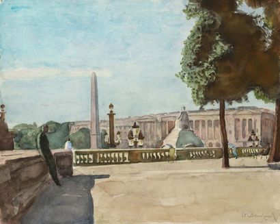 Etienne BOUCHAUD (1898 - 1989) La place de la Concorde vue des Tuileries Aquarelle...
