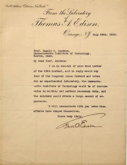 EDISON, Thomas, inventeur américain (1847-1931). Lettre dactylographiée, signée,...