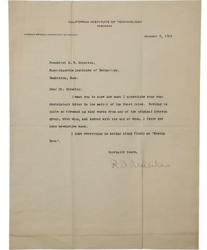 MILLIKIAN, Robert A. physicien américain (1868-1953). Lettre dactylographiée, signée,...
