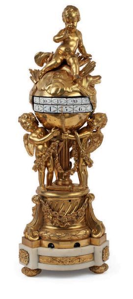 null Pendule à cadrans tournants et cupidons de style Louis XVI en bronze doré avec...