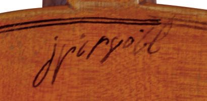 null Violon en bois vernis orange clair non fileté, portant la signature ‘J. Pirouel'...