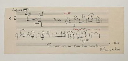 O'HANA, Maurice. Deux lignes de musique manuscrites pour flûte solo, extrait de Signes...