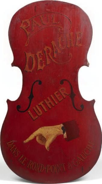 null Paire d'enseignes, en forme de violon en métal peint, pour ‘Paul Derache luthier,...