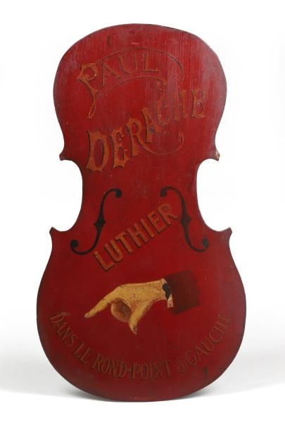 null Paire d'enseignes, en forme de violon en métal peint, pour ‘Paul Derache luthier,...