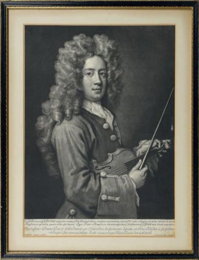 null Nicola Cosimo tenant son violon. Portrait en mezzotinto signé ‘ G. Kneller Eques...