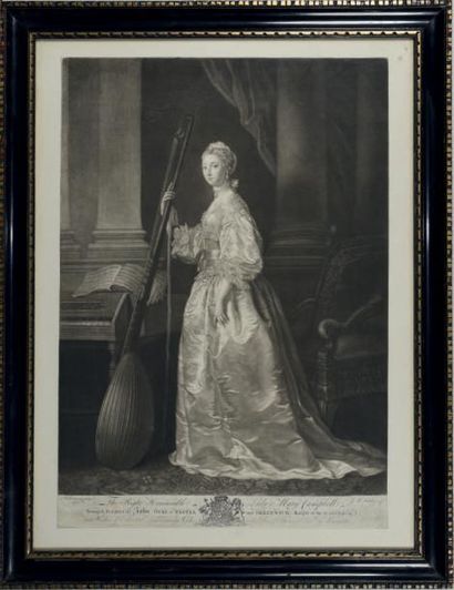 null Mary Lady Campell tenant une chitarrone à côté d'un clevecin.
Mezzotinto signée...