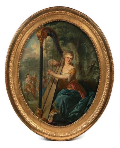 Ecole française, attribuée à Jean-Baptiste Huet (1745-1811). Jeune femme à la harpe...