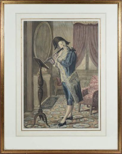 null Le joueur de flûte, signé ‘Françez Llamazares 1868'. Aquarelle sur papier. 42...