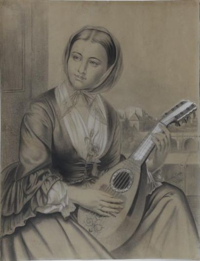 null La dame à la mandoline, dessin signé et daté ‘Leontine Grosse 1887''. 62 x 48...