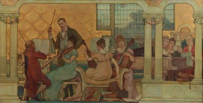 [Gertrude Holman]. Scène d'intérieur, quatuor à cordes à l'exercice. Huile sur toile,...