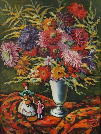 Luce PARIS (XXème siècle) Figurines, vase de dalhias et de mimosas
Huile sur toile.

Signée...