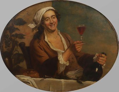 Ecole Française du XVIIIème siècle Le buveur
Huile sur toile ovale, Attribué à Etienne...