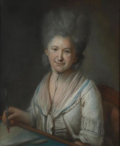 null H.66 x 54 cm. Ecole française du XVIIIème siècle. Portrait d'une femme dessinant...