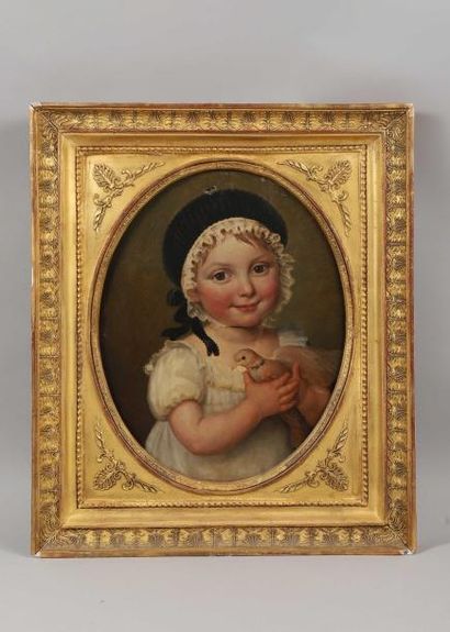 Dans le goût de Louis-Léopold BOILLY Deux portraits d'enfants: Petite-fille à l'oiseau...