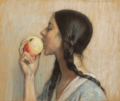 Auguste LEROUX (1871-1954) Jeune fille mangeant une pomme Pastel.

Signé en haut...